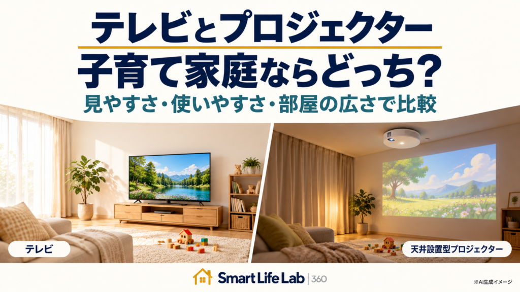 テレビのあるリビングと天井設置型プロジェクターのあるリビングを並べた、子育て家庭向け比較記事のイメージ